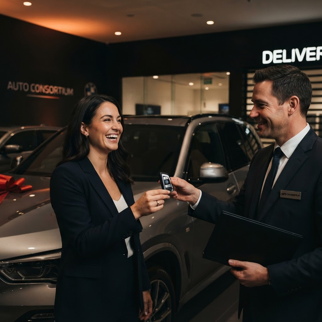 Cliente recebendo a chave do carro conquistado por consórcio