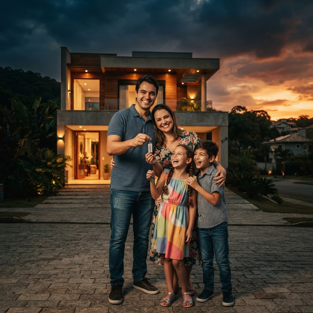 Família feliz em frente à casa nova conquistada com consórcio