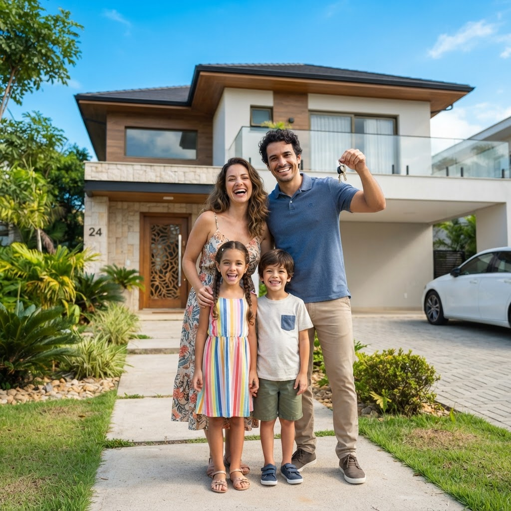 Família feliz em frente à casa nova conquistada com consórcio